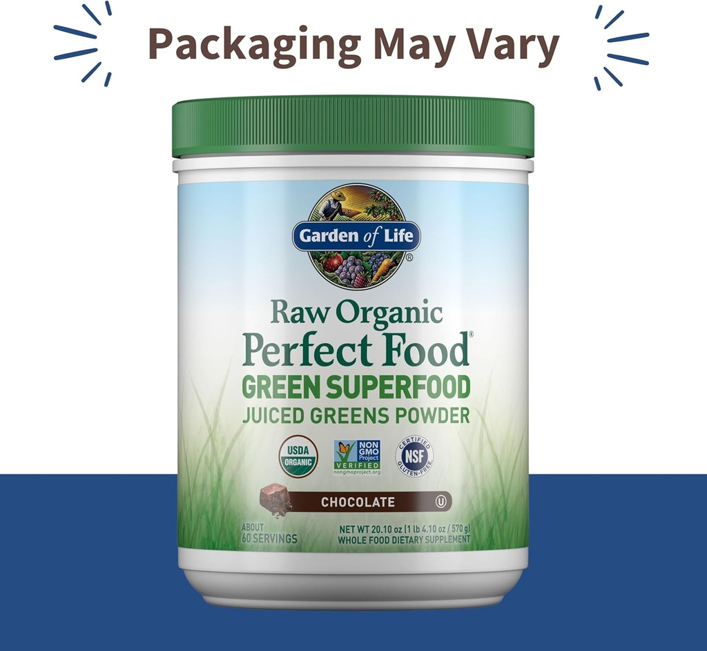 Garden of Life Raw Organic Perfect Food Green Superfood Juiced Greens Powder - Chocolate, 60 Servings, Non-GMO, Gluten Free, Vegan Whole Food Dietary Supplement Plus Probiotics, Enzymes 3