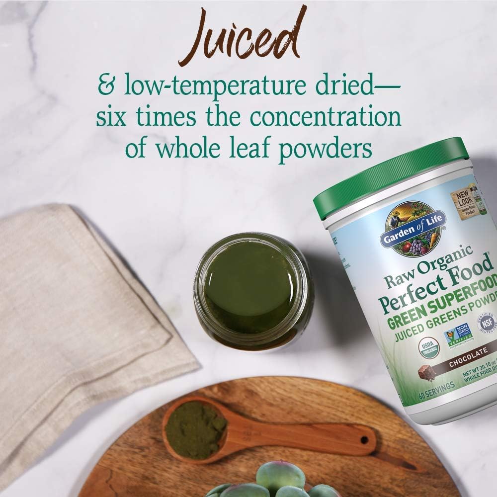 Garden of Life Raw Organic Perfect Food Green Superfood Juiced Greens Powder - Chocolate, 60 Servings, Non-GMO, Gluten Free, Vegan Whole Food Dietary Supplement Plus Probiotics, Enzymes 5