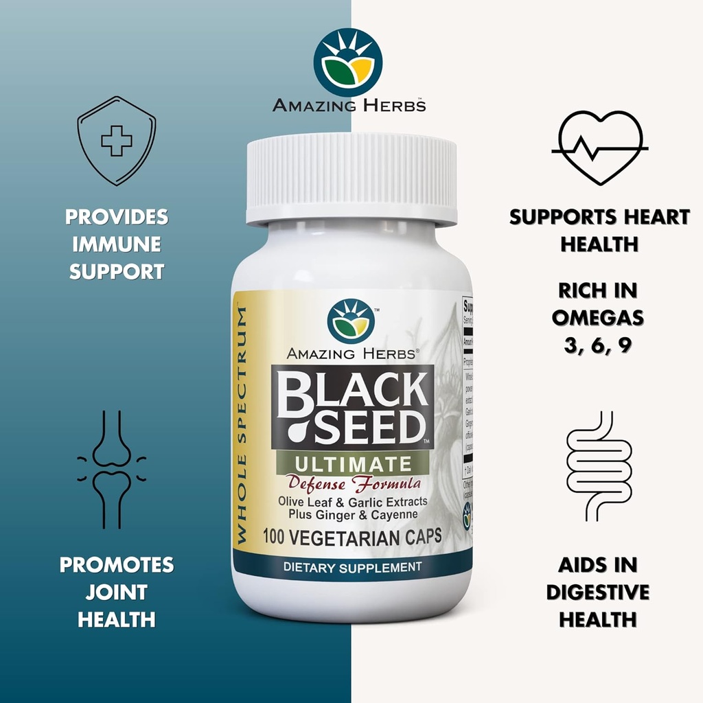 Amazing Herbs Whole Spectrum Black Seed Ultimate, Vegetarian Capsules - Olive Leaf & Garlic Extracts Plus Ginger & Cayenne, Gluten Free, Non GMO, Vegan - 100 Count 4