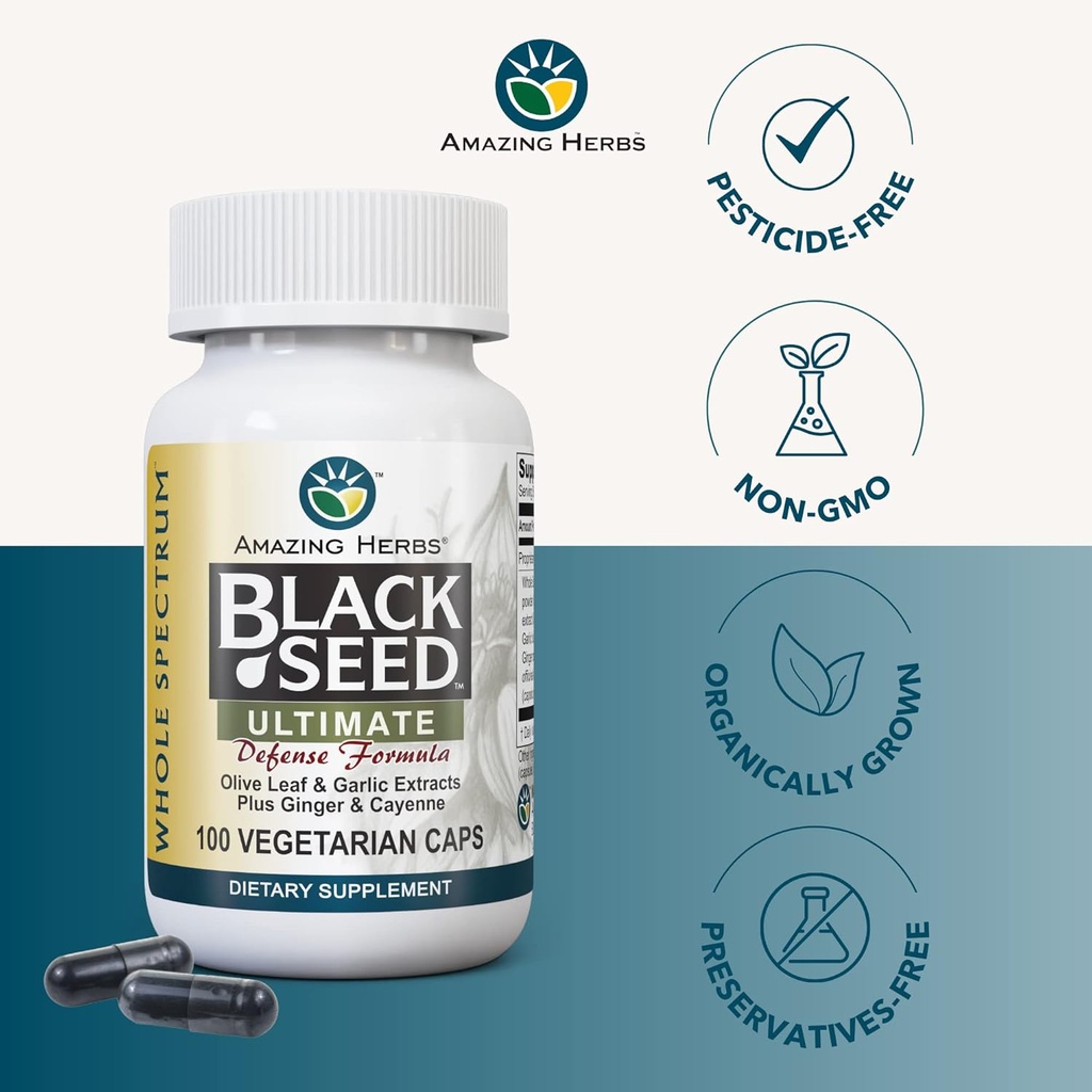 Amazing Herbs Whole Spectrum Black Seed Ultimate, Vegetarian Capsules - Olive Leaf & Garlic Extracts Plus Ginger & Cayenne, Gluten Free, Non GMO, Vegan - 100 Count 5