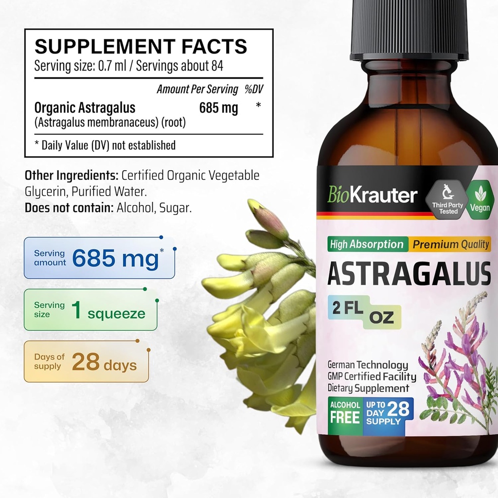 BIO KRAUTER Astragalus Tincture - Astragalus Root Liquid Extract for Immune Support - Alcohol and Sugar Free - High Absorption - Vegan Drops 2 Fl.Oz. 4