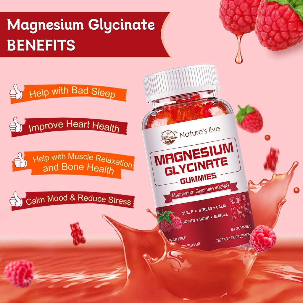 Magnesium Glycinate Gummies, Sugar Free Magnesium Supplement with Magnesium Glycinate 400mg, Magnesium L-Threonate 200mg for Calm Mood, Muscle, Bone & Sleep for Adults, 60 Raspberry Gummies 5