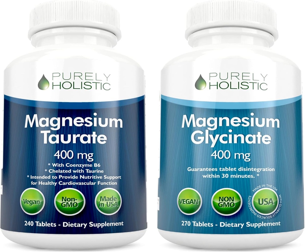 Magnesium Taurate 400mg + Magnesium Glycinate 400mg - High Absorption & Highly Bioavailable - Vegan Bundle - 270 + 270 Tablets 2