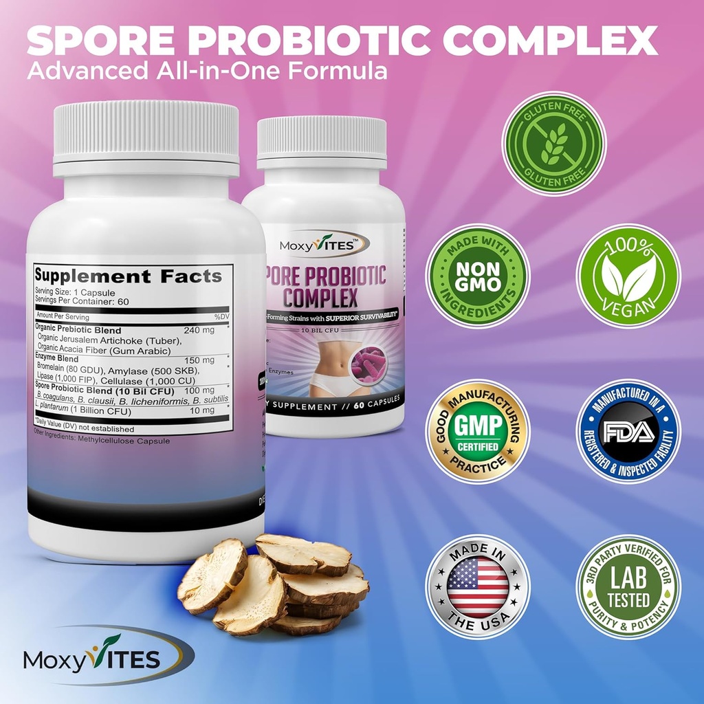 MoxyVites Spore Probiotic Complex - All In One Prebiotics and Probiotics for Digestive Health, Postbiotic, Digestive Enzymes Daily Supplement - Spore Based Probiotic for Women & Men 6