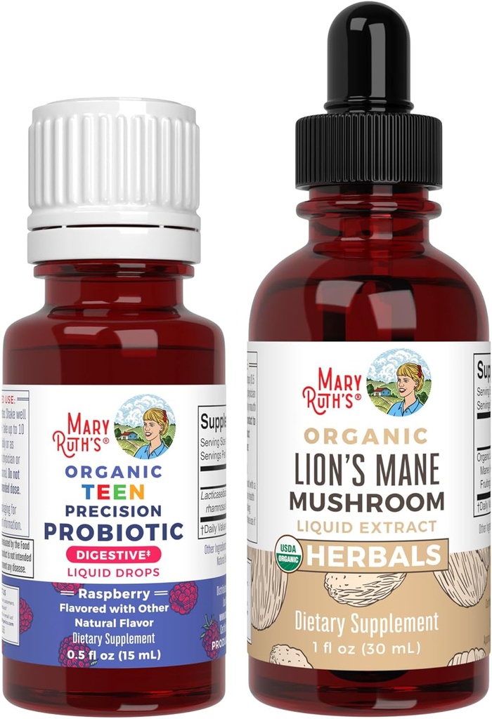 MaryRuth Organics Precision Probiotic Drops for Teens (Raspberry) & Lion's Mane Drops | USDA Organic | Vitamins for Gut Health, Cognitive Support, & Overall Wellness | Vegan, Non-GMO, Gluten Free 2