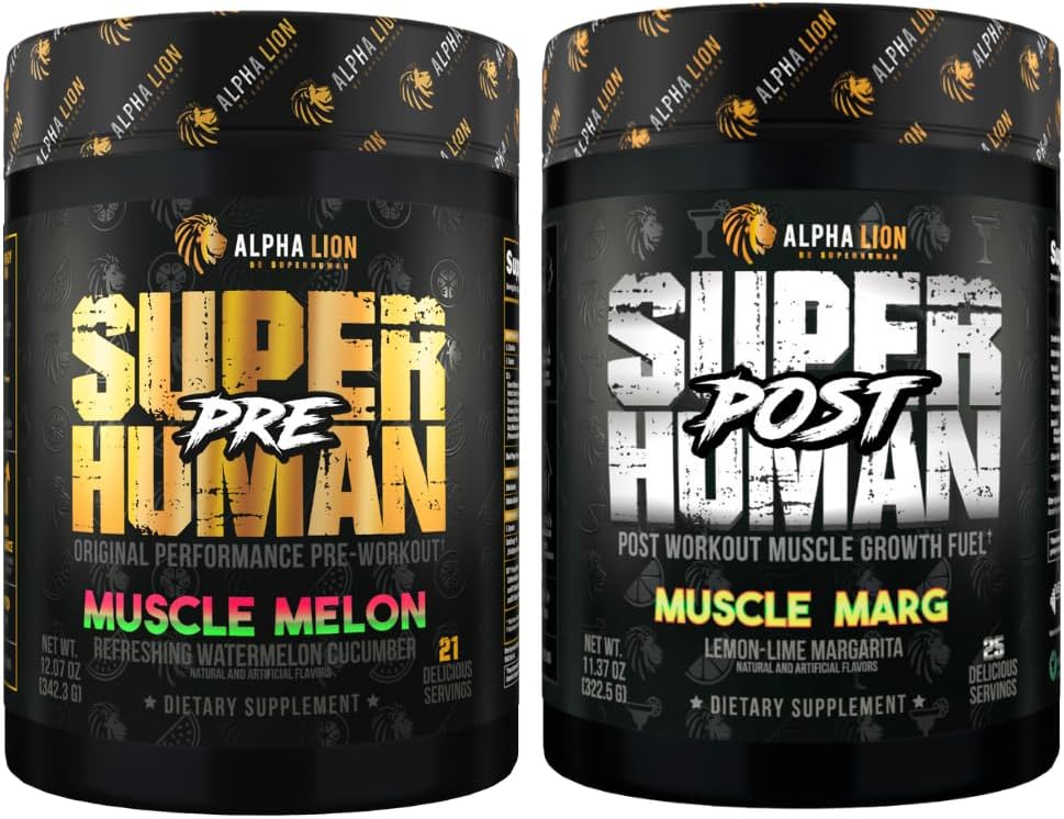 ALPHA LION Superhuman Pre Workout Powder & Post Workout Recovery Bundle, Sustained Energy & Focus + Lean Muscle Growth, Strength & Volume (Muscle Melon & Muscle Marg) 2