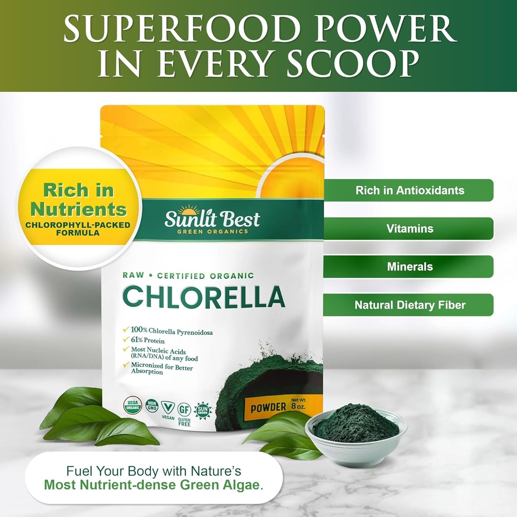Sunlit Best USDA Organic Premium Chlorella Tablets 500 Tabs | 100% Pure Chlorella Superfood Supplement High in Protein, Chlorophyll, Vitamins, & Minerals | Supports Good Health, Wellbeing & Recovery 3