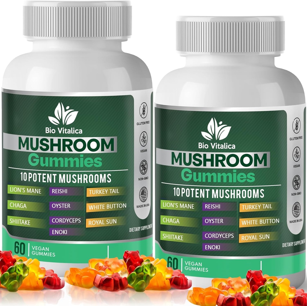 Mushroom Gummies – 10 Mushroom Complex with Lion’s Mane, Reishi, Chaga, Cordyceps & More – Fruity Vegan Gummies – Non-GMO, Gluten-Free, Plant-Based – 2 Packs 2