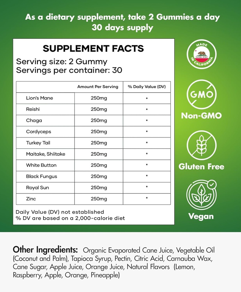 Mushroom Gummies – 10 Mushroom Complex with Lion’s Mane, Reishi, Chaga, Cordyceps & More – Fruity Vegan Gummies – Non-GMO, Gluten-Free, Plant-Based – 2 Packs 3