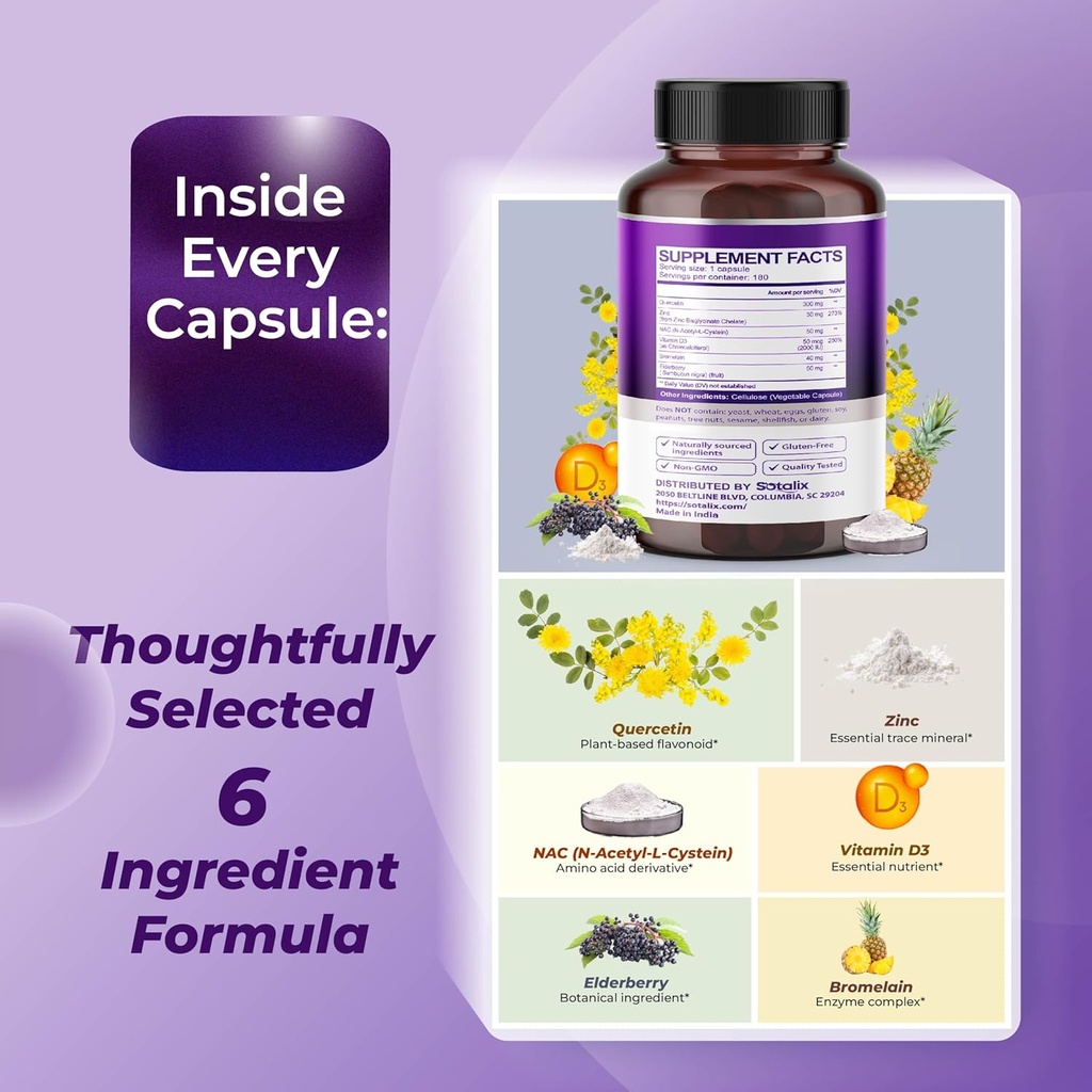 SOTALIX Supplement Premium Quercetin 98% High Purity with Bromelain, Zinc, Vitamin D3 2000 IU, Elderberry - Cardiovascular Respiration Immune Support for Adult Kids - 180 Day Supply 5