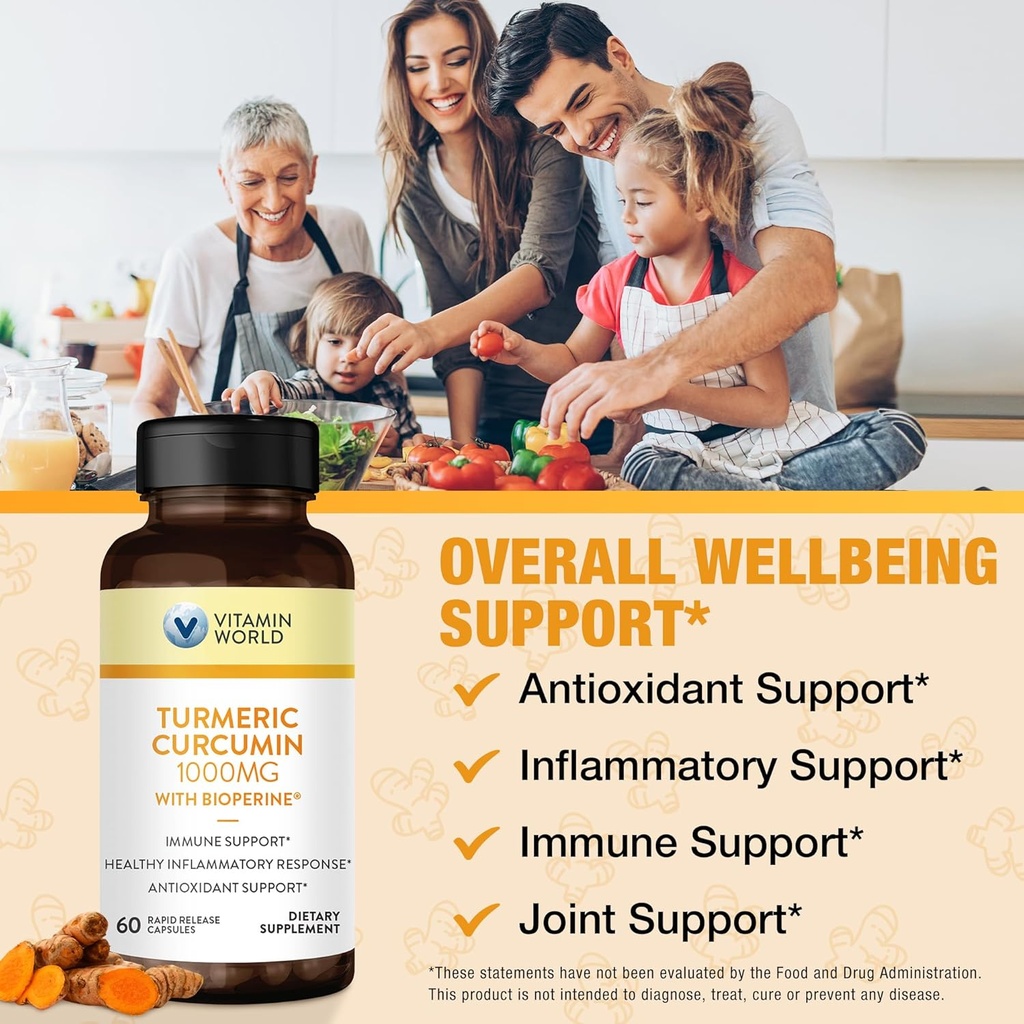 Vitamin World Turmeric Curcumin 1000mg, BioPerine Black Pepper Extract for Better Absorption, 95% Curcuminoids, Turmeric Supplement for Antioxidant & Joint Support, Gluten-Free, 60 Capsules 5