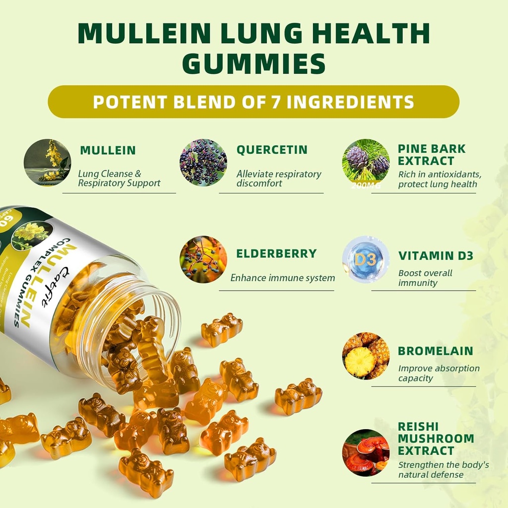 (120 pcs) Mullein Gummies for Lungs Detox– Mullein Leaf Extract with Quercetin, Elderberry for Respiratory & Immune Support, Breathing & Lung Cleanse for Smokers, Vegan, Pineapple Flavor, (2 Pack) 5