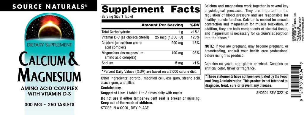 Source Naturals Calcium & Magnesium, Amino Acid Complex with Vitamin D-3, 300 MG - 250 Tablets 5
