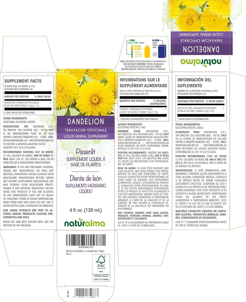 Naturalma Dandelion (Taraxacum officinale) Root and herb Alcohol-Free Tincture - 4 fl oz Liquid Extract in Drops - Herbal Supplement - Vegan 3