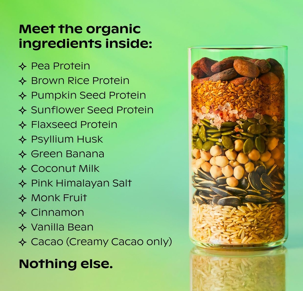 wholier Organic Plant Protein + Prebiotics. Clean Vegan Protein. 21g of Protein. 14 Real Plant Ingredients. Prebiotic Fiber. No Natural Flavors, Gums or Fillers. Creamy Cacao (1 lb. 4 oz.) 5