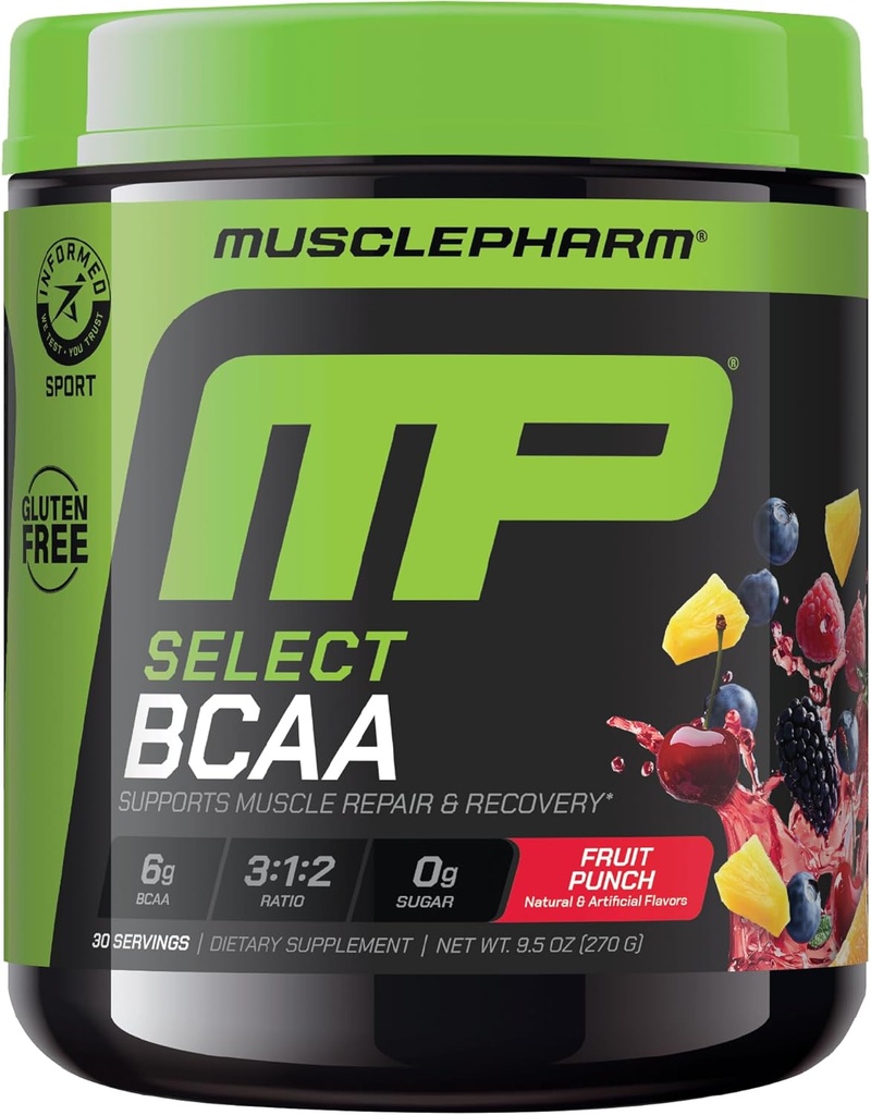 MusclePharm Essentials BCAA Powder, Pre & Post Workout Recovery Drink, Supports Muscle Recovery & Energy, Essential Amino Acids, 30 Serv, Fruit Punch 2