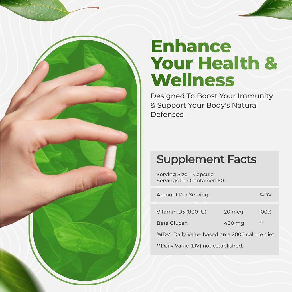 Bio Swiss Beta Glucan Immunity Power - 1,3D-1,6D Glucan with Vitamin D - Immune Support Supplement for Enhanced Defense and Wellness - Vegan, Gluten-Free (60 Capsules) 3