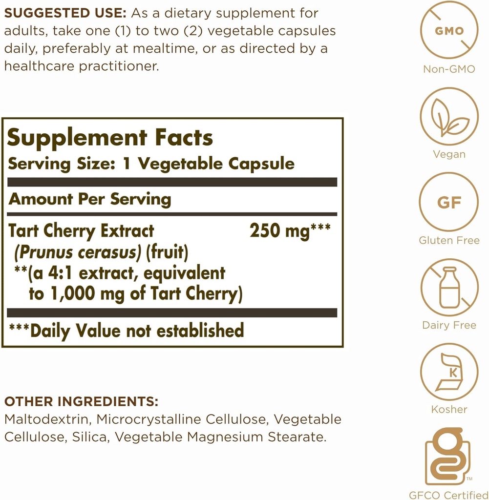 Solgar Tart Cherry 1000 mg, 90 Vegetable Capsules (Pack of 2) - Antioxidant with Quercetin, Chlorogenic Acid & Anthocyanins Compounds - Non-GMO, Vegan, Gluten Free, Dairy Free - 180 Total Servings 4