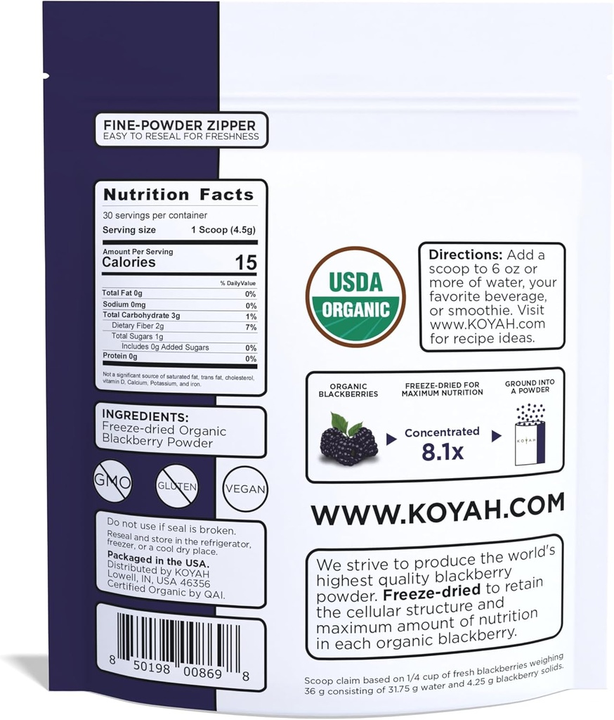 KOYAH - Organic BlackBerry Powder: 30 Servings (1 Scoop = 1/4 Cup Fresh): Freeze-Dried, Whole-Berry Powder, Raw 3