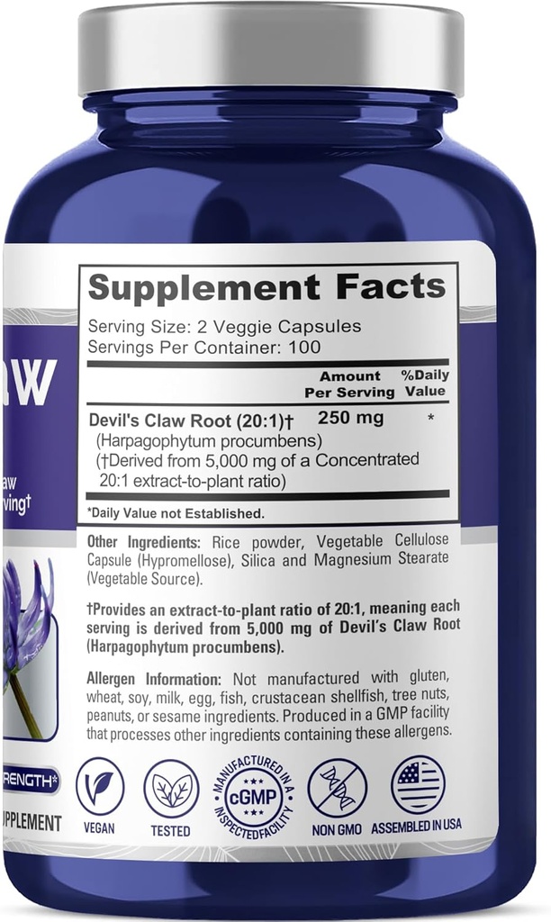 NusaPure Devil's Claw 20:1 Extract, 250 mg Equivalent to 5000mg, 200 Veggie Capsules, Concentrated Root Extract, Devils Claw Herbal Supplement, Non-GMO, Vegan Supplement 3