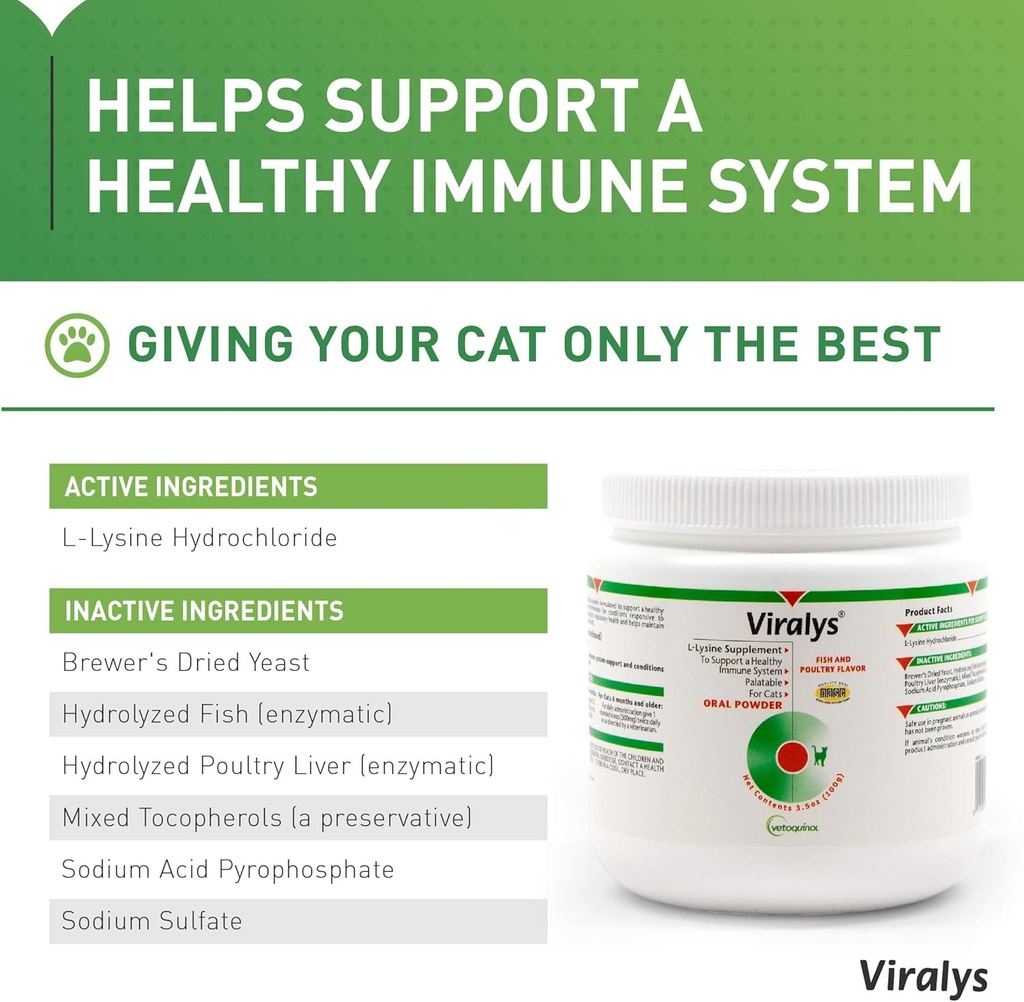 Vetoquinol Viralys Daily L-Lysine Powder for Cats and Kittens, Fish Flavored Lysine Supplement for Cats and Kittens to Support Immune Health, Normal Eye Function and Respiratory Health, 100gm 3