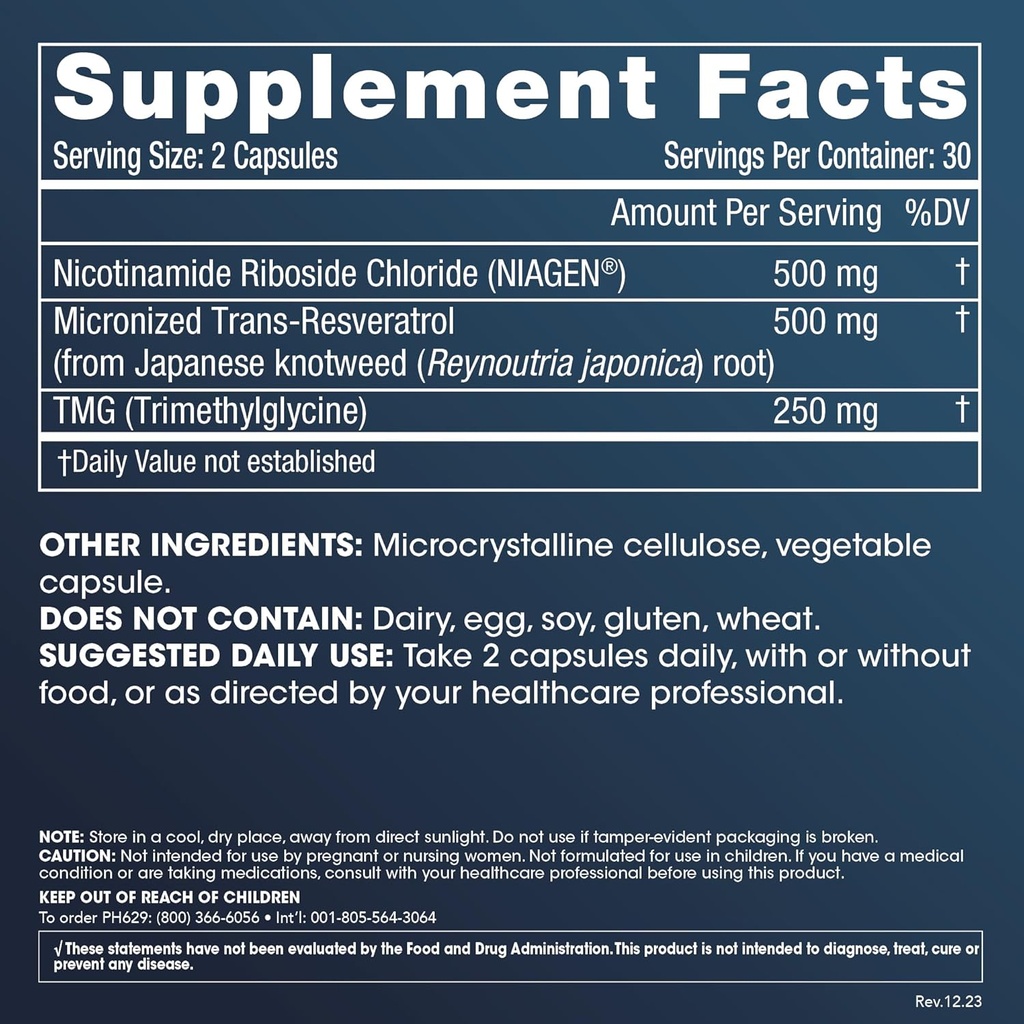 ProHealth Nicotinamide Riboside Pro Complete NAD+ Supplement. 500mg Patented Niagen NR (The Active Ingredient in NMN), Plus 250mg TMG, Plus 500mg Trans-Resveratrol. Equal to 690mg of NMN. 30 Servings 6