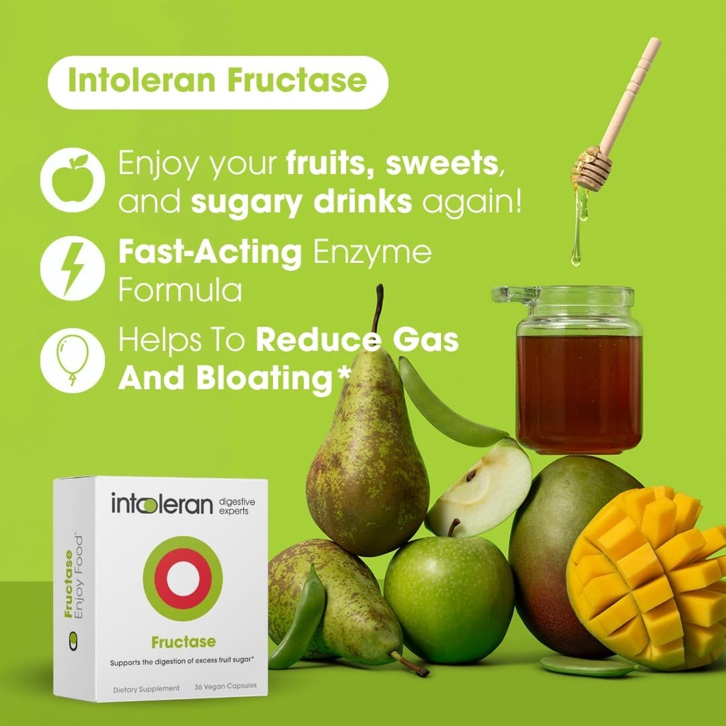 Intoleran Fructase Digestive Enzymes - 36 Capsules | Supplement for Fructose Intolerance | Enzymes to Help Digest Sugary Foods & Drinks (Fruit Sugar) | Fast Acting | Pure and Vegan | Low FODMAP 4