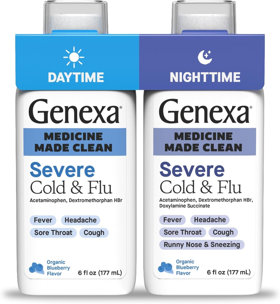 Genexa Clean Cold & Flu Daytime + Nighttime Severe Relief, Dye Free, 0% Artificial Additives, Acetaminophen Fever Reducer, Cough Suppressant, Antihistamine, Organic Blueberry Flavor, 12 fl oz (2 pack) 2