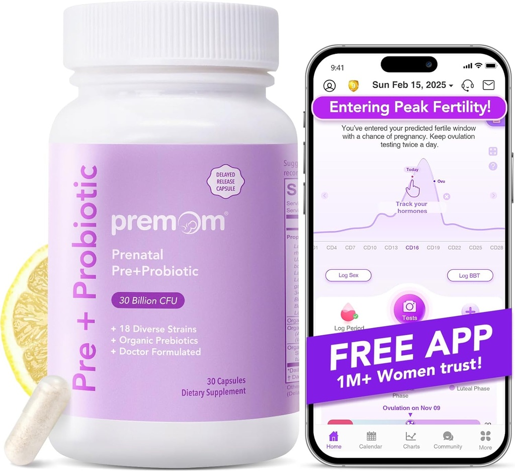 Premom Prenatal Pre & Probiotics for Women: 18 Diverse Organic Prebiotics Strains - Supports Digestive, 30 Billion CFU, Gut & Immune Health for Mom and Baby - Daily Capsules 2
