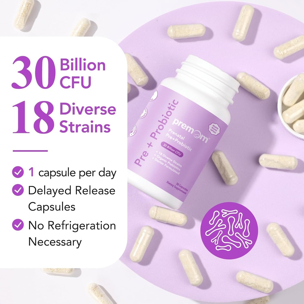 Premom Prenatal Pre & Probiotics for Women: 18 Diverse Organic Prebiotics Strains - Supports Digestive, 30 Billion CFU, Gut & Immune Health for Mom and Baby - Daily Capsules 3