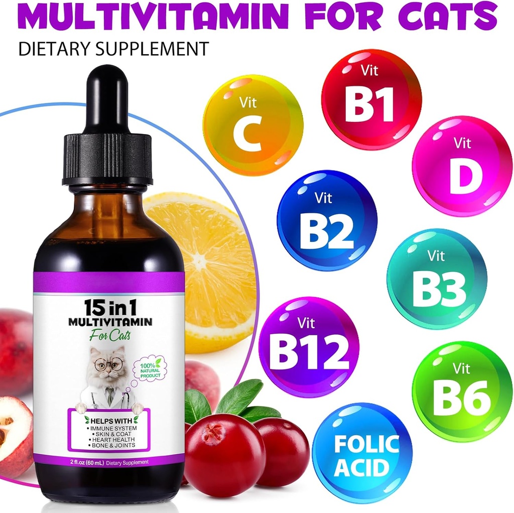 Cat Multivitamin,15 in 1 Cat Vitamins Liquid Drops Supplements for Heart Health, Bones, Joint, Skin & Coat, Bladder, Immune System Support 60ml 5