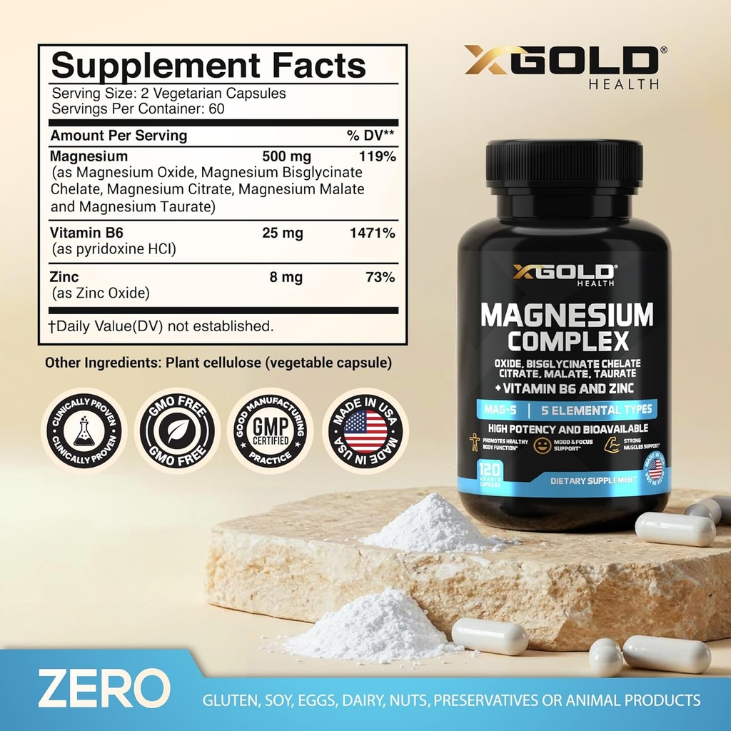 Micronized Magnesium Complex Plus B6 | Zinc Magnesium Oxide, Bisglycinate Chelate,Citrate, Malate | Taurate | Bones, Muscle, Energy,Immune System High Absorption - Made in The USA 3