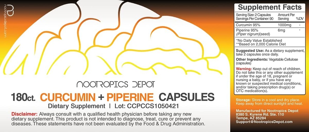 Nootropics Depot Curcumin + Piperine Capsules | 1000mg Curcumin + 6mg Piperine | 180 Count 3