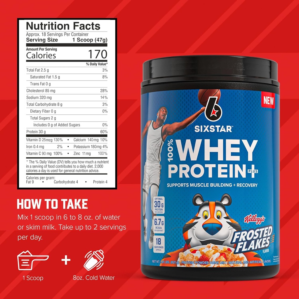 Six Star Whey Protein Powder Plus - Muscle Building & Recovery Formula with Whey Isolate Powder, BCAAs, 30g Protein, Immune Support - Post-Workout Supplement - Kellogg’s Frosted Flakes Flavor, 1.8 lbs 6