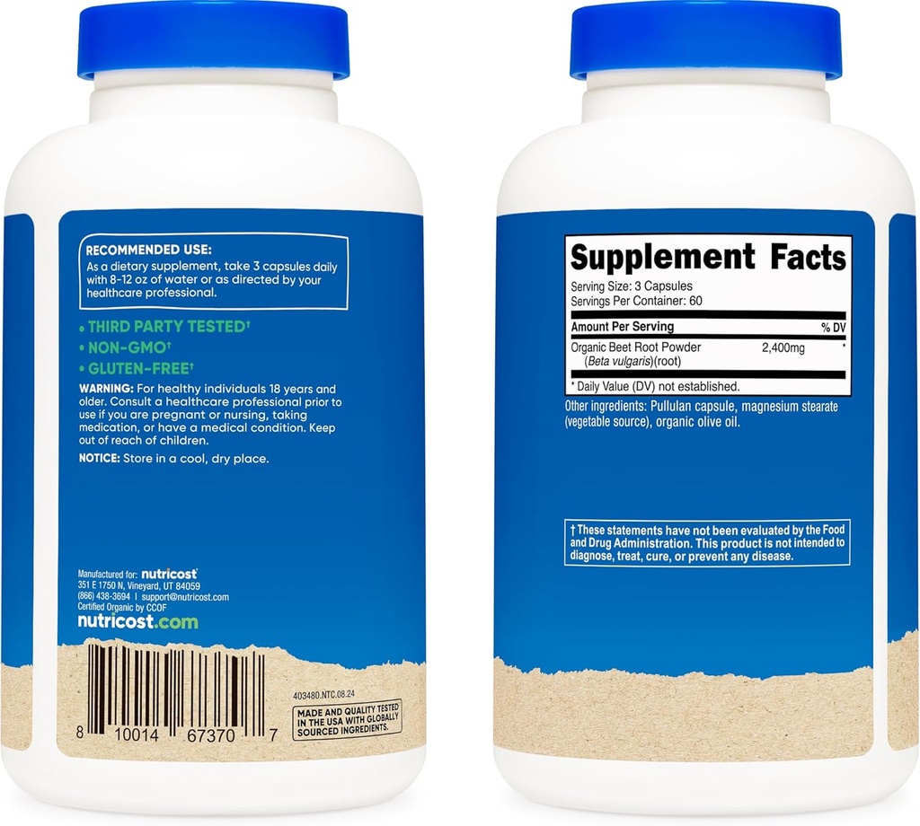 Nutricost Beet Root 2400mg, 180 Capsules - CCOF Certified Made with Organic Beet Root, Superfood, 60 Servings 5