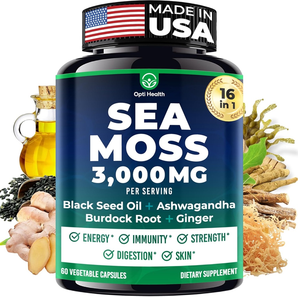 Sea Moss Black Seed Oil Ashwagandha Ginger - Advanced Irish Sea Moss Capsules All in One Supplement with Seamoss Black Seed Oil Ashwagandha Burdock Root Bladderwrack - Pills for Energy, Immune, Gut 2