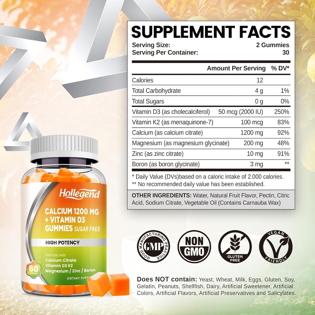 Calcium 1200 mg with Vitamin D3 Gummies, Calcium Citrate Chewables with Magnesium Zinc Vitamin K2 Boron, Bone Health, Sugar Free, 60 Count 3