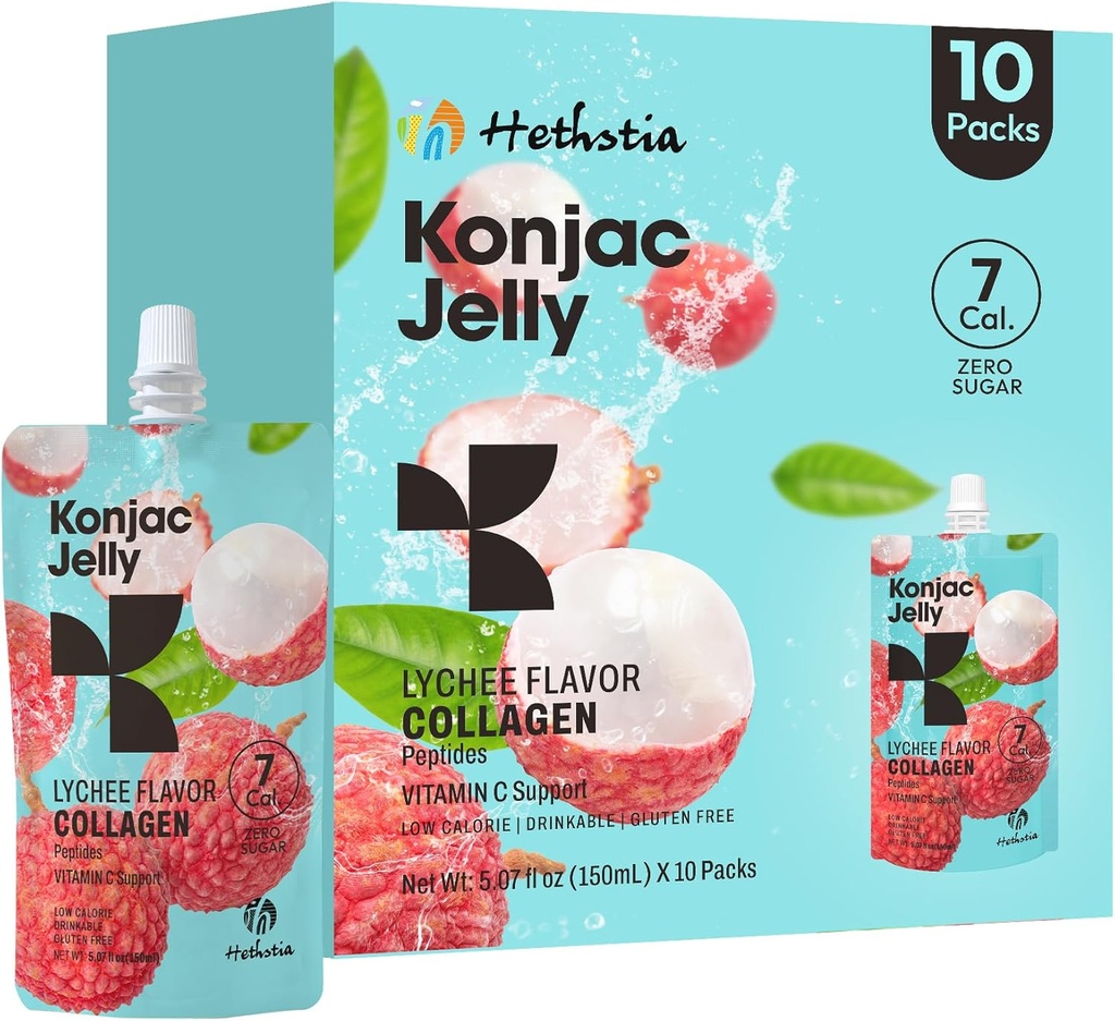Hethstia Konjac Jelly, Lychee Konjac Jelly 10 Pouches with Collagen Peptides, Low Calorie Drinkable Litchi Jello, Vitamin C Light Snacks, Sugar Free, Keto, Gluten-Free, Healthy Food Gifts 2