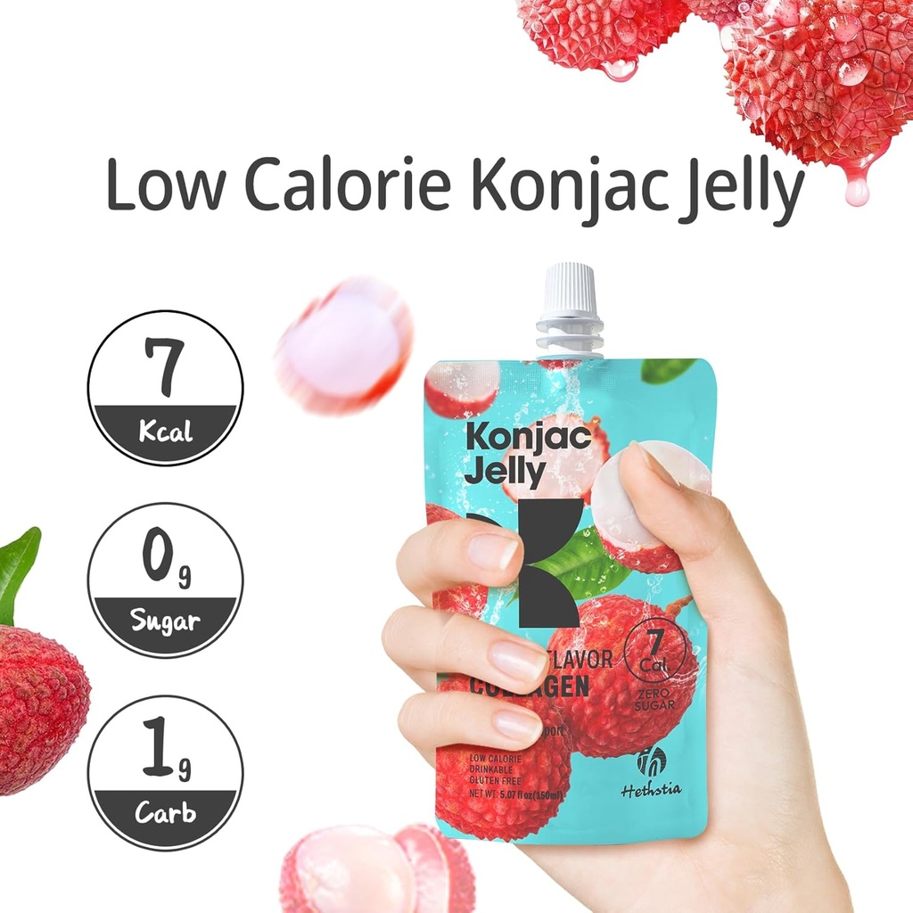 Hethstia Konjac Jelly, Lychee Konjac Jelly 10 Pouches with Collagen Peptides, Low Calorie Drinkable Litchi Jello, Vitamin C Light Snacks, Sugar Free, Keto, Gluten-Free, Healthy Food Gifts 5