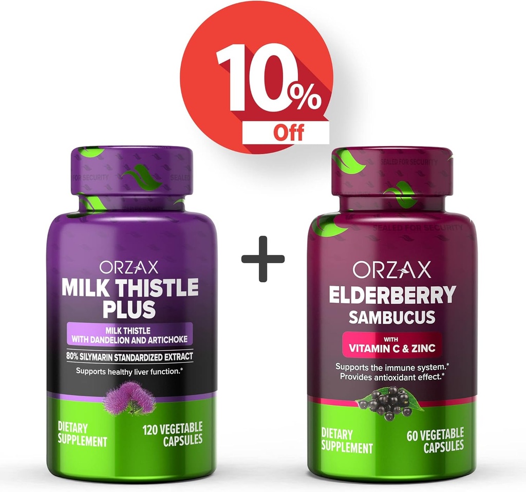 ORZAX Milk Thistle Plus with Dandelion and Artichoke 120 Vegatable Capsules and Elderberry Capsules 2000mg Sambucus, Bundle 2