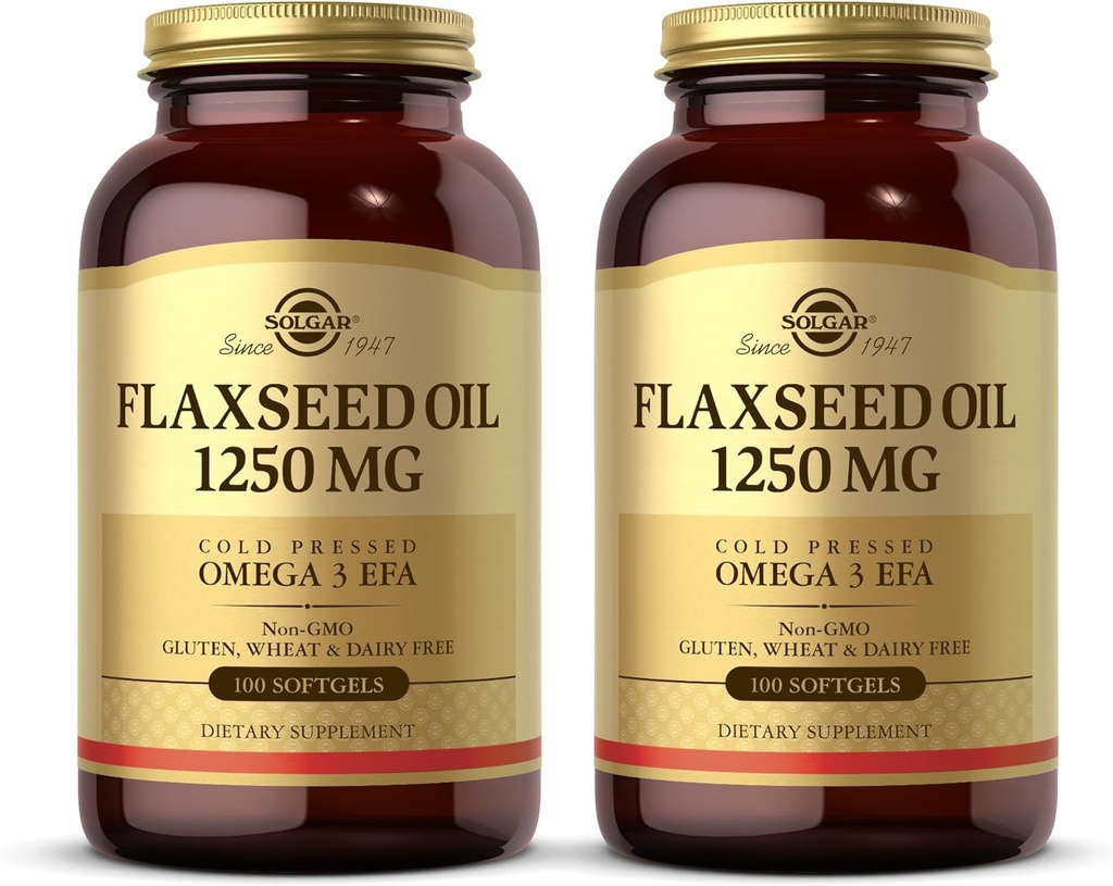 Solgar Flaxseed Oil 1250 mg - 100 Softgels, Pack of 2 - Concentrated Plant Source of Omega-3 Alpha-Linoleic Acid (ALA) - Non-GMO, Gluten Free - 100 Total Servings 2