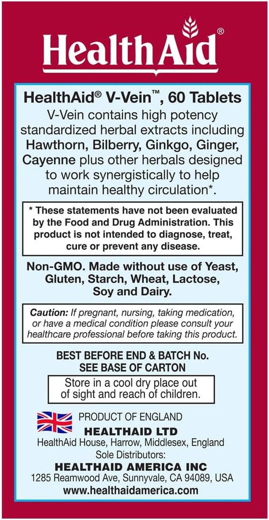 HealthAid V-Vein, Beneficial Nutrients for Healthy Circulation for Legs and feet, 60ct, Once Daily, Contains Ginkgo, Grape Seed, Vitamin C and Bilberry, Vegan 4