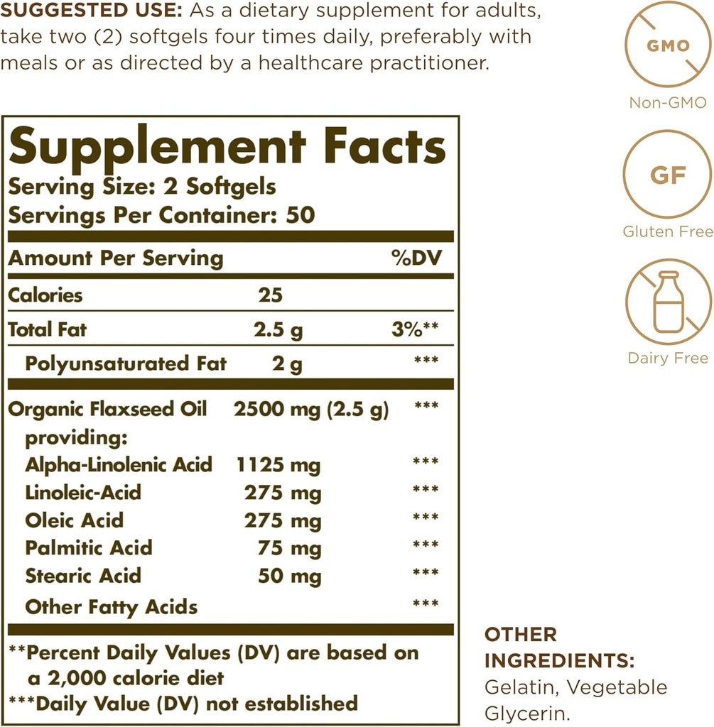 Solgar Flaxseed Oil 1250 mg - 100 Softgels, Pack of 2 - Concentrated Plant Source of Omega-3 Alpha-Linoleic Acid (ALA) - Non-GMO, Gluten Free - 100 Total Servings 3