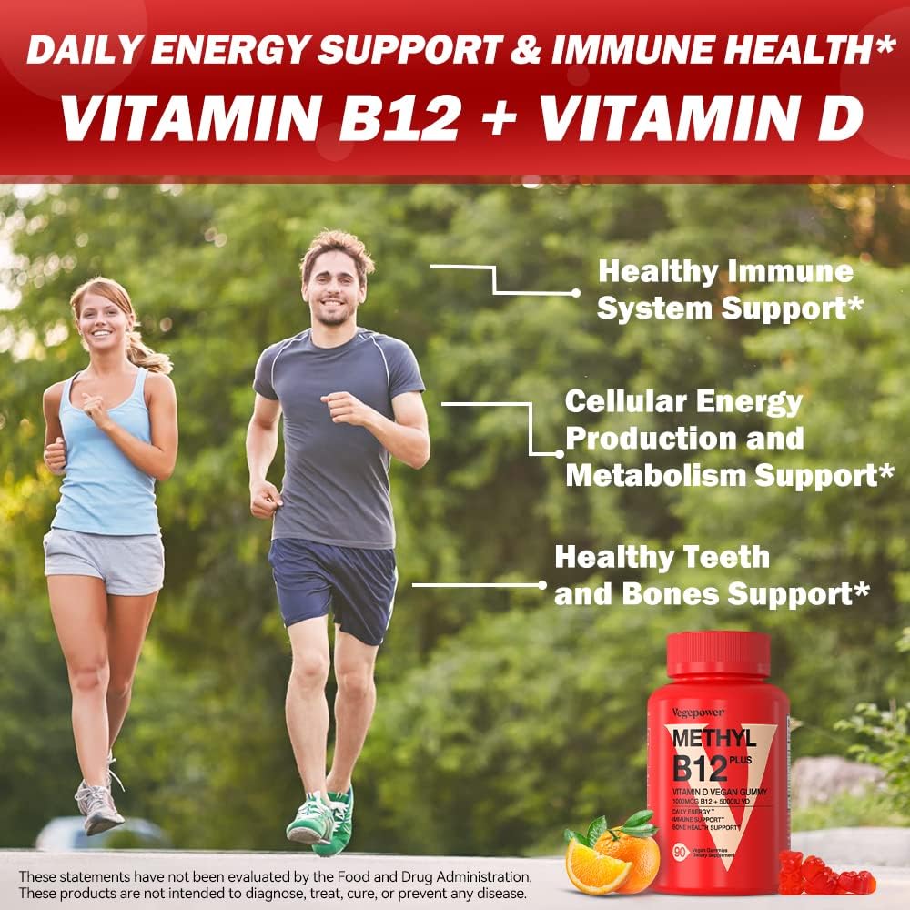 Vitamin B12 D3 Vegan Gummies - 90 Count I 1000 MCG Methyl B12 & 5000 IU Vitamin D Gummy Chewable Supplements for Adults & Kids - Immune Health & Daily Energy Boost - Non-GMO, Orange 3