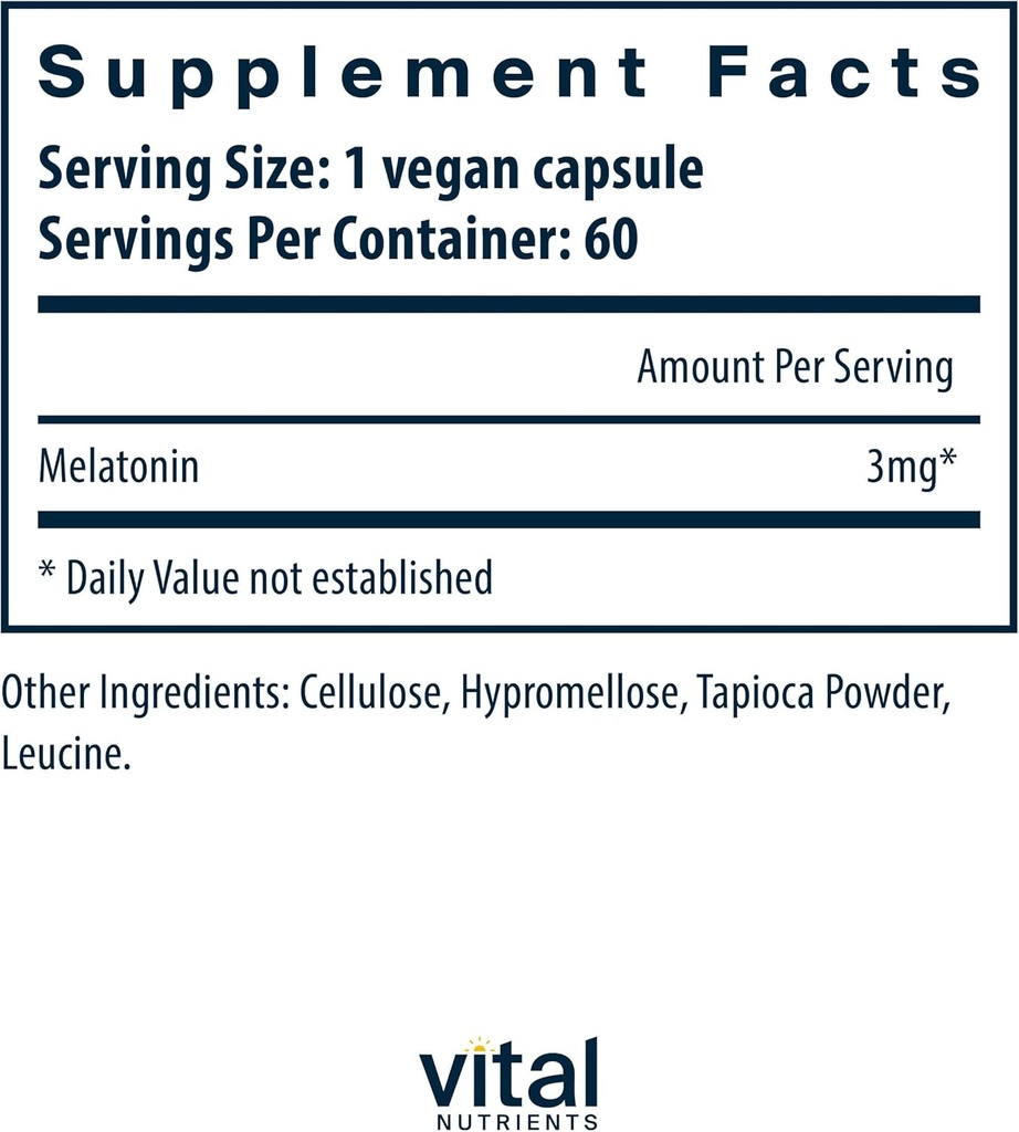 Vital Nutrients Melatonin 3mg | Vegan | Low-Dose Melatonin | Sleep Supplement to Support The Body's Natural Sleep Cycle* | Gluten, Dairy, Soy Free | 60 Capsules 3