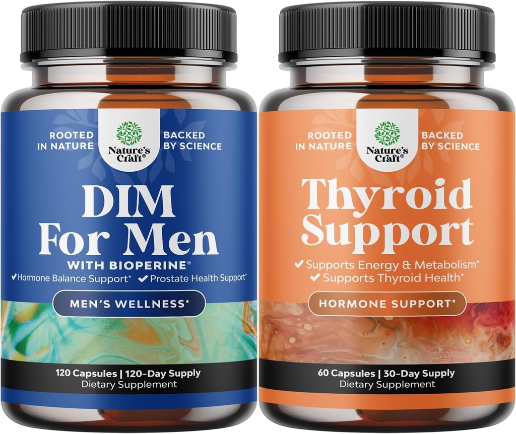 Bundle of DIM Supplement for Men with Panax Ginseng Bioperine Grapeseed & Astragalus for Prostate Health and Herbal Thyroid Support Complex with L Tyrosine, Bladderwrack, Selenium & Pure Ashwagandha 2