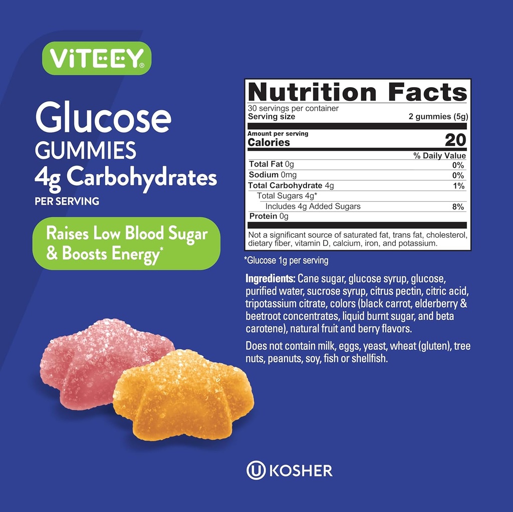 Viteey Glucose Gummies - 4g of Carbohydrates - Fast Acting Alternative to Glucose Tablets - Energy and Blood Sugar Support - Vegan, Gluten Free, Gelatin Free - 60 Count 5