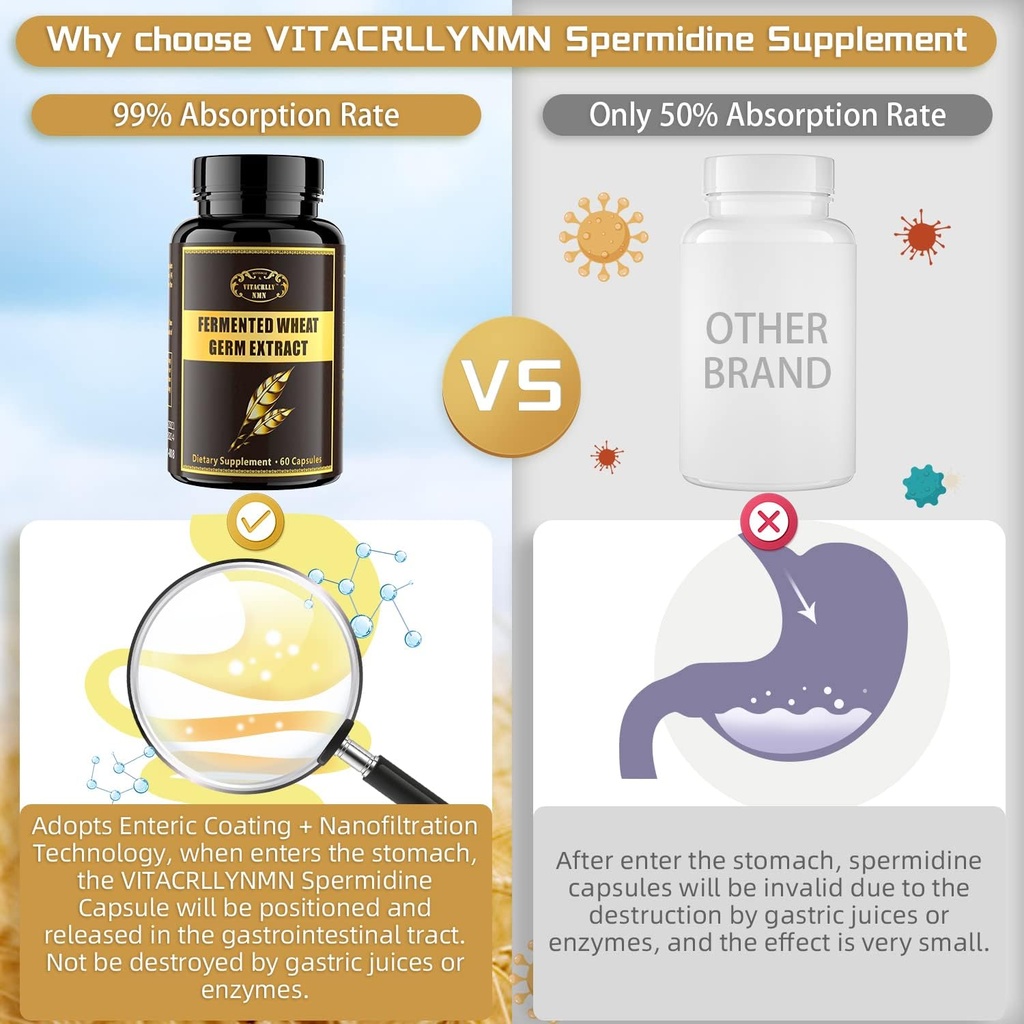 1000MG Spermidine Supplements Fermented Wheat Germ Extract Capsule with 10MG Higher Spermidine & Zinc for Antioxidant, Cell Renewal, Immune System and Increases Energy 60 Capsules (1 Bottle) 2