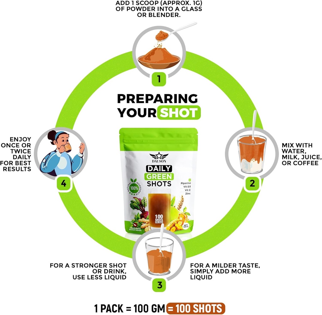 Daily Green Shots – Superfood Powder with Wheatgrass, Matcha, Beetroot, Ashwagandha, Turmeric & Prebiotics – Immunity & Energy Support – Vegan Greens Supplement – 100 Shots 4