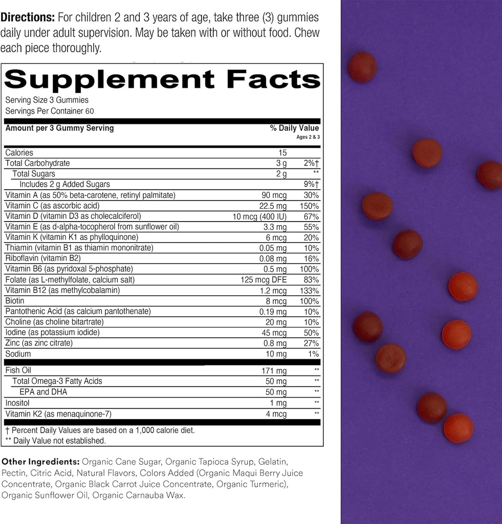SmartyPants Toddler Multivitamin Gummies: Omega 3 Fish Oil (EPA/DHA), Vitamin D3, C, Vitamin B12, B6, A, K & Zinc, Biotin, Beta Carotene, Gluten Free, Three Fruit Flavors, 180 Count (60 Day Supply) 4